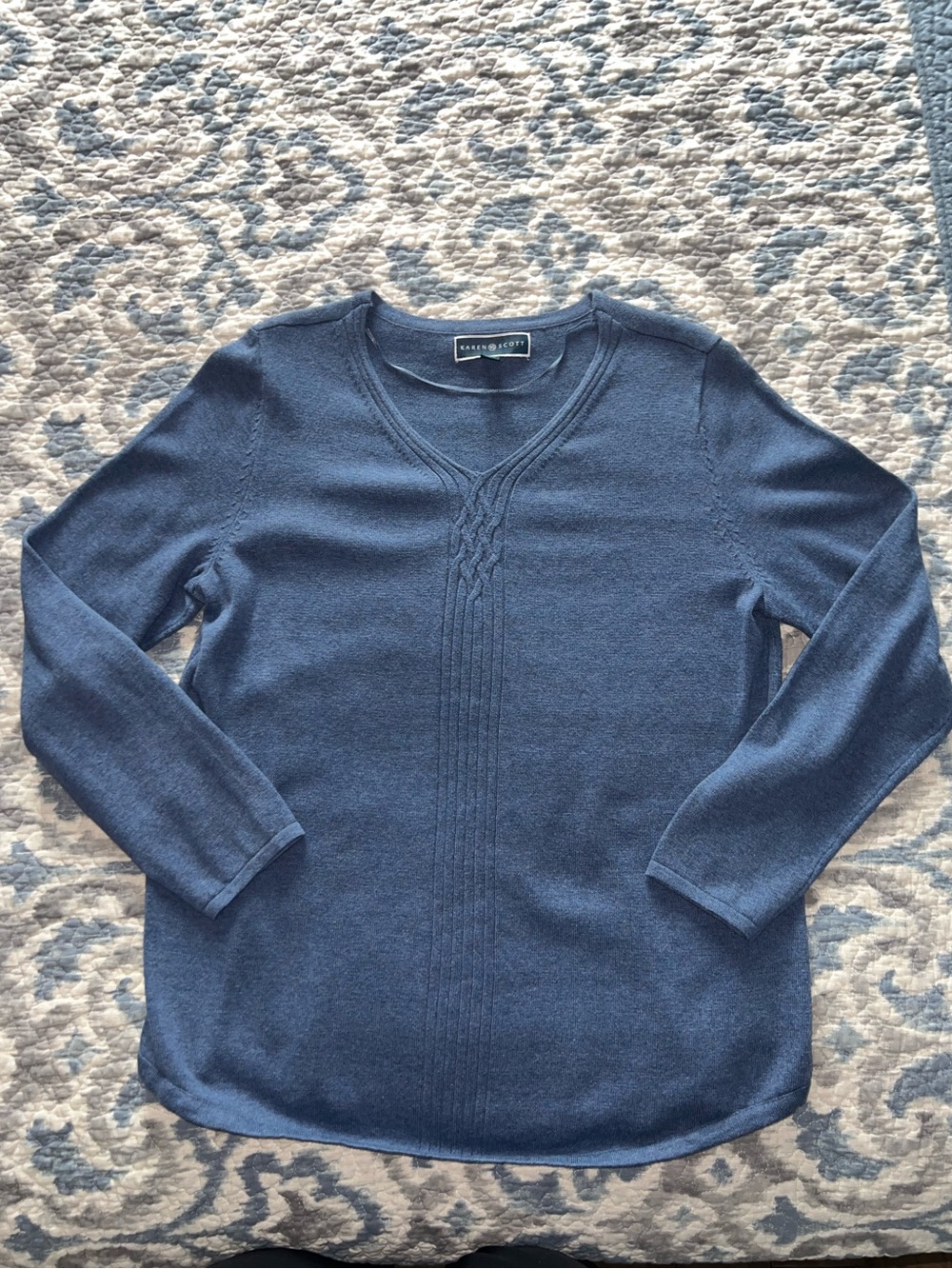 Karen Scott Blue V-Neck Cable Front Knit Sweater
